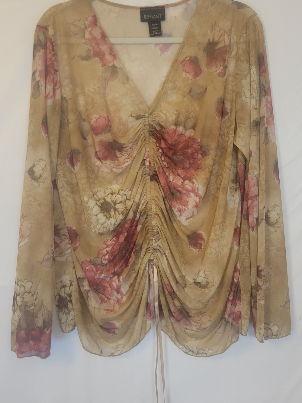 Lane Bryant Beige Floral Ruched V-Neck Long Sleeve Top